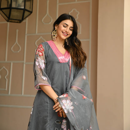 Sakhi Fashions Floral Grey Handpainted Suit Set