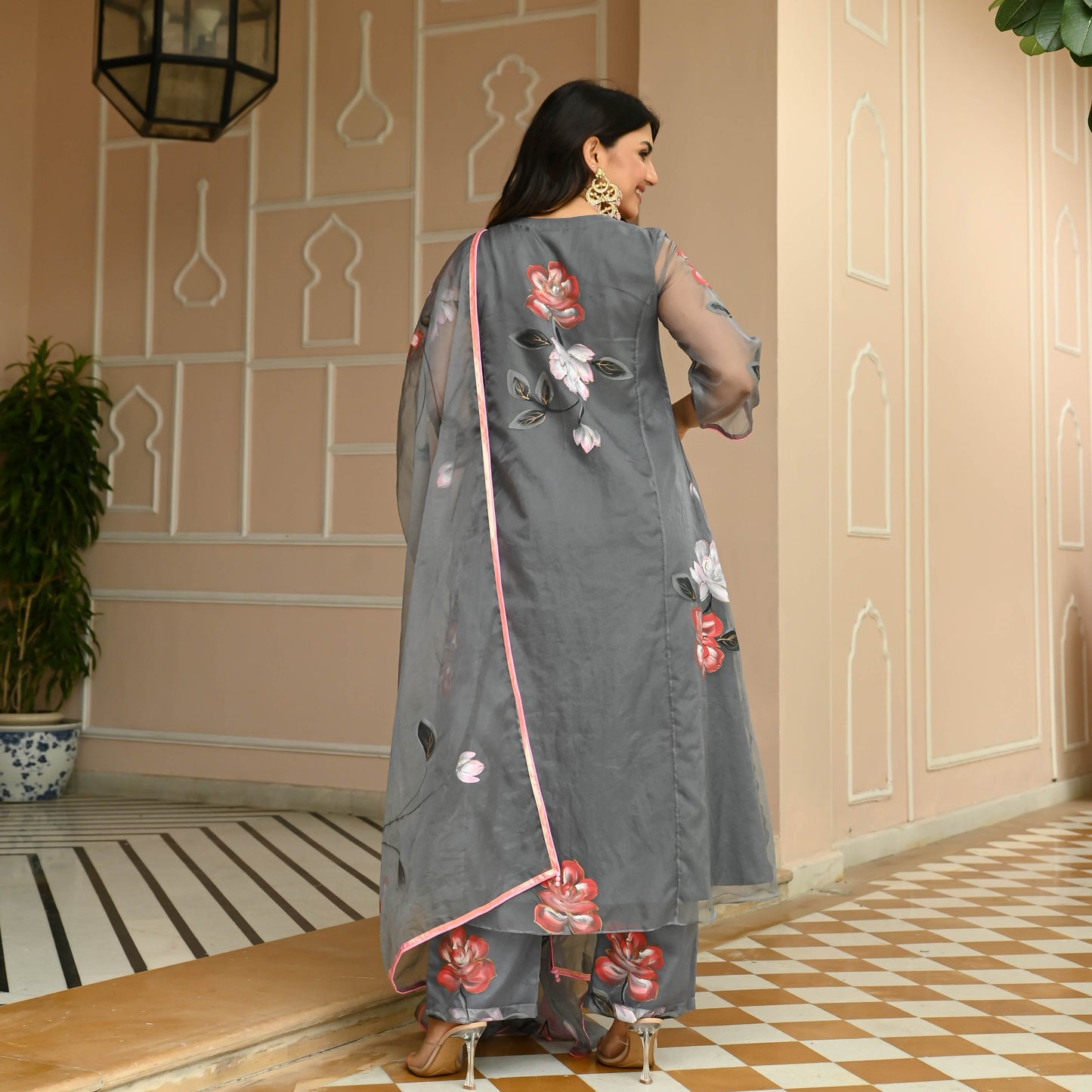 Sakhi Fashions Floral Grey Handpainted Suit Set