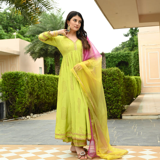 Sakhi Fashions Hot Lime Gold Handblock Suit Set
