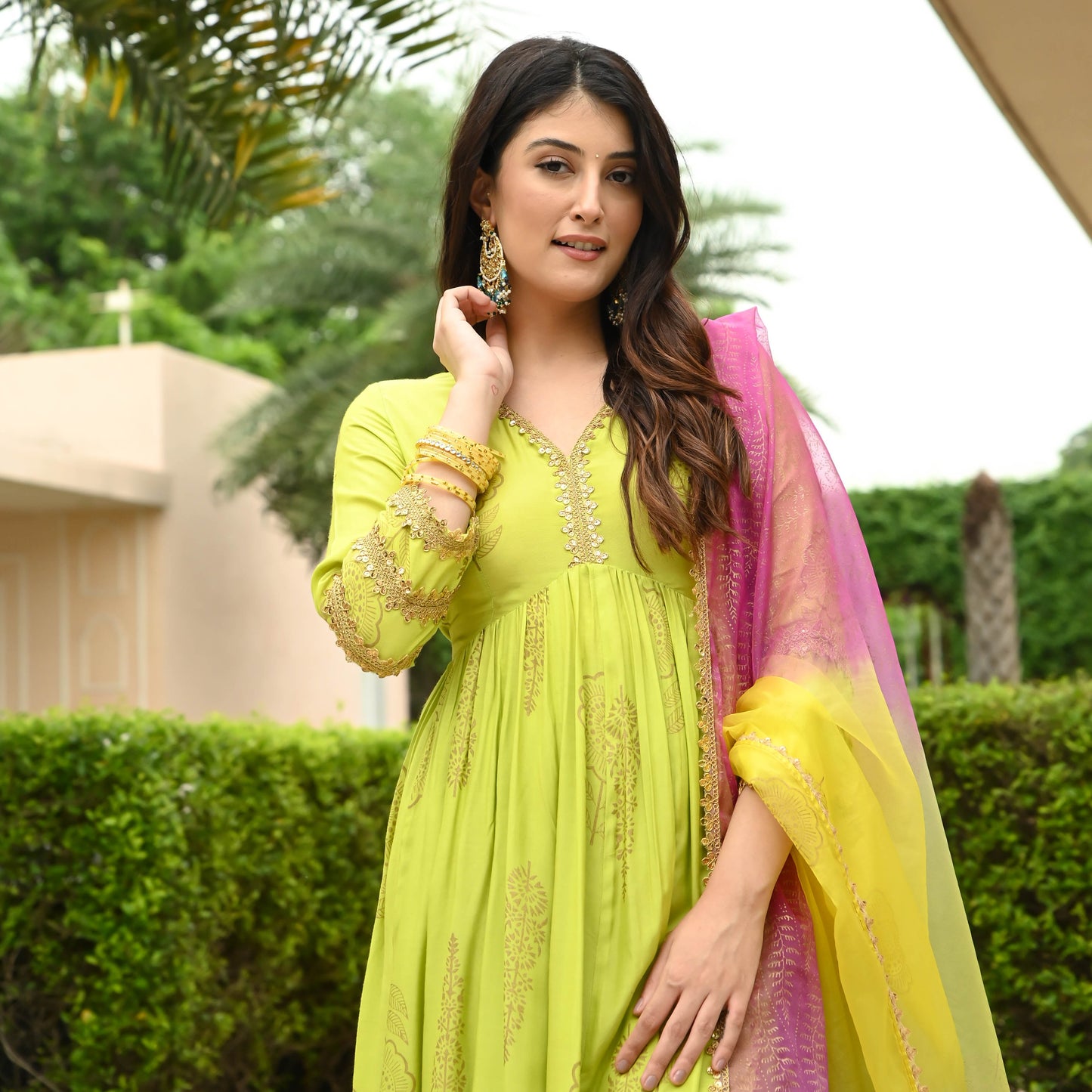 Sakhi Fashions Hot Lime Gold Handblock Suit Set