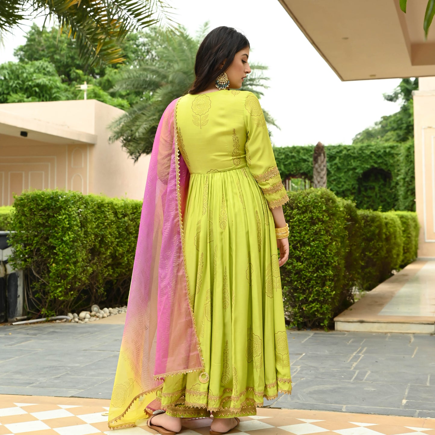 Sakhi Fashions Hot Lime Gold Handblock Suit Set