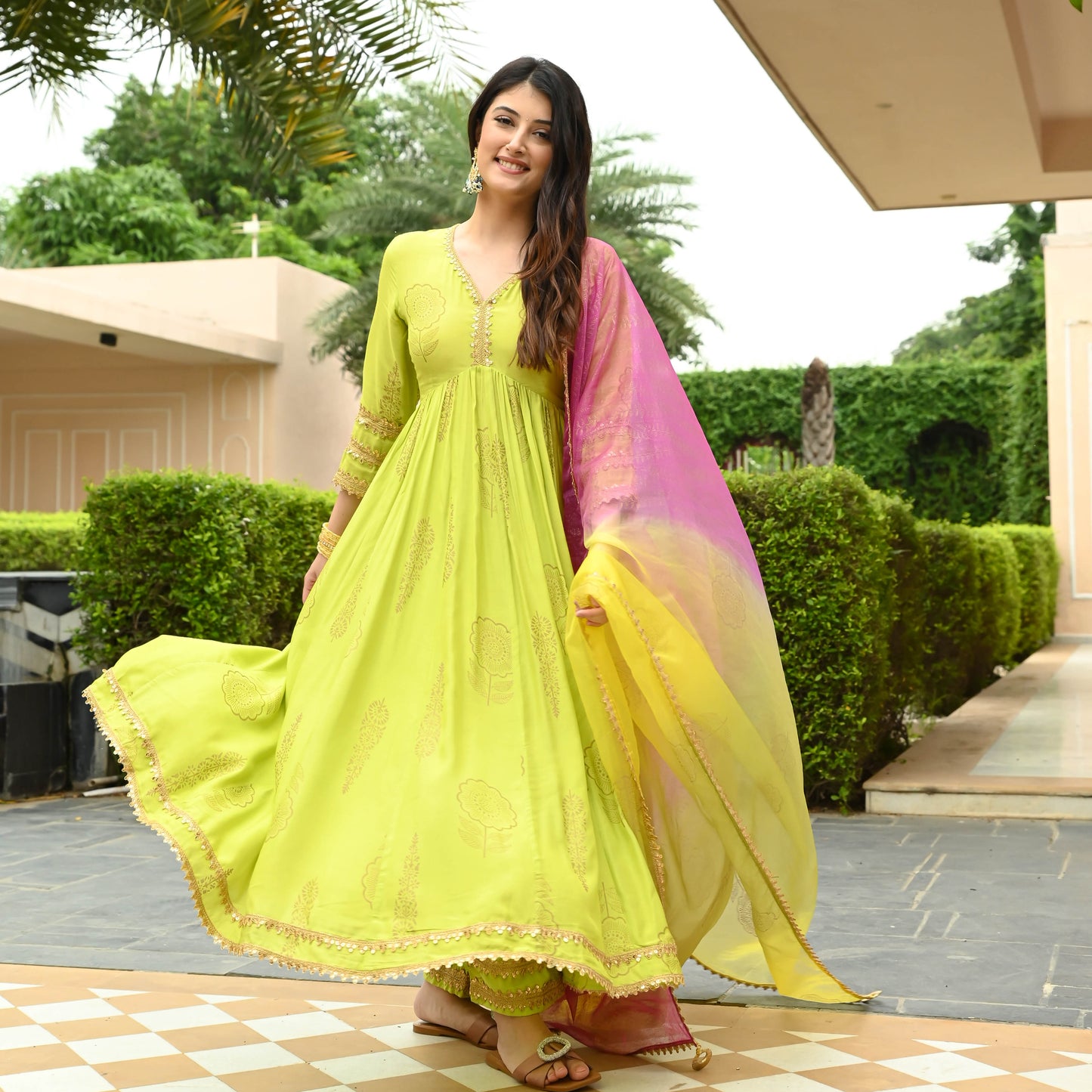 Sakhi Fashions Hot Lime Gold Handblock Suit Set