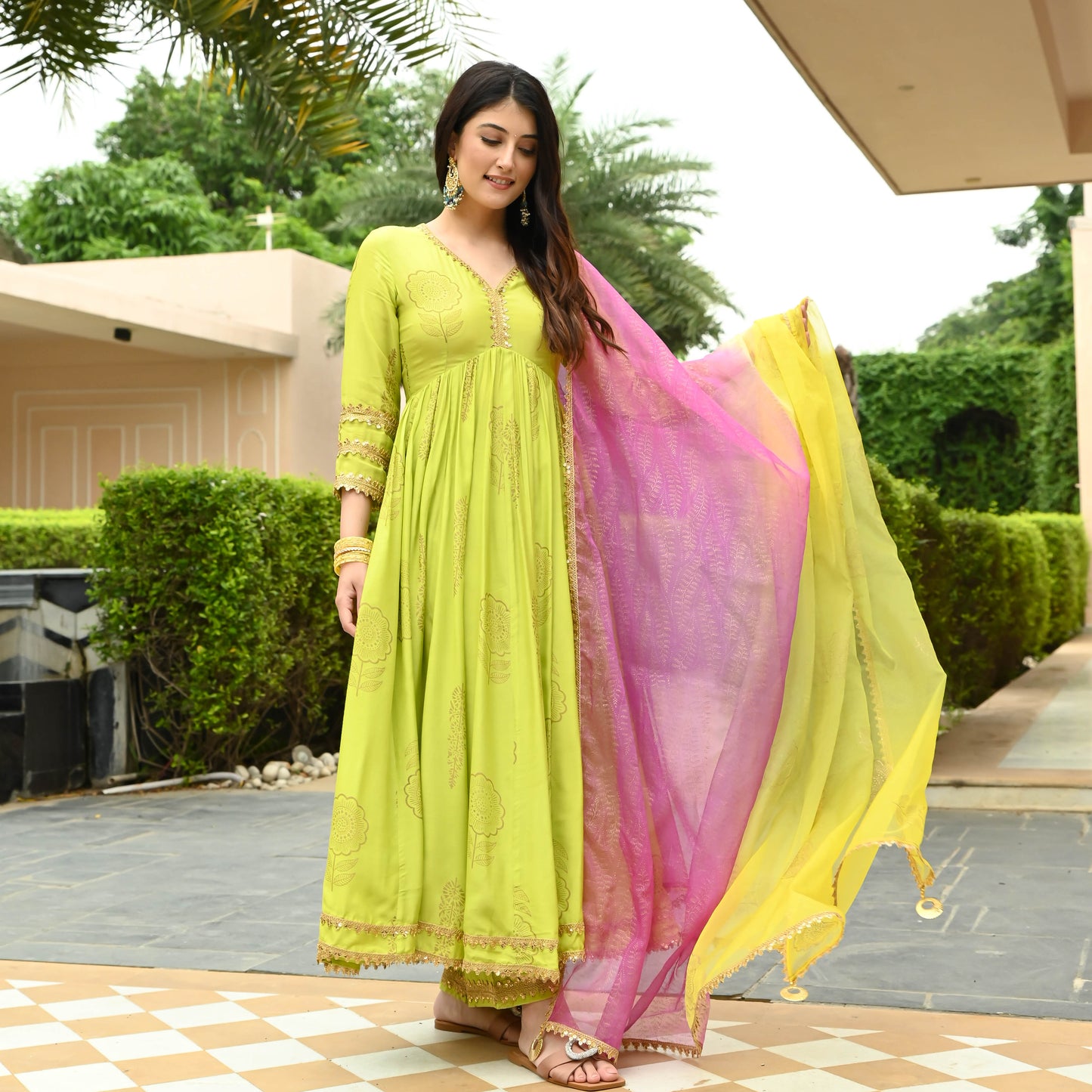 Sakhi Fashions Hot Lime Gold Handblock Suit Set