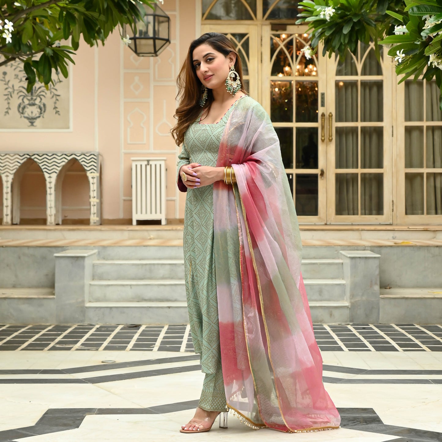 Sakhi Fashions Pista Gold Handblock Suit Set