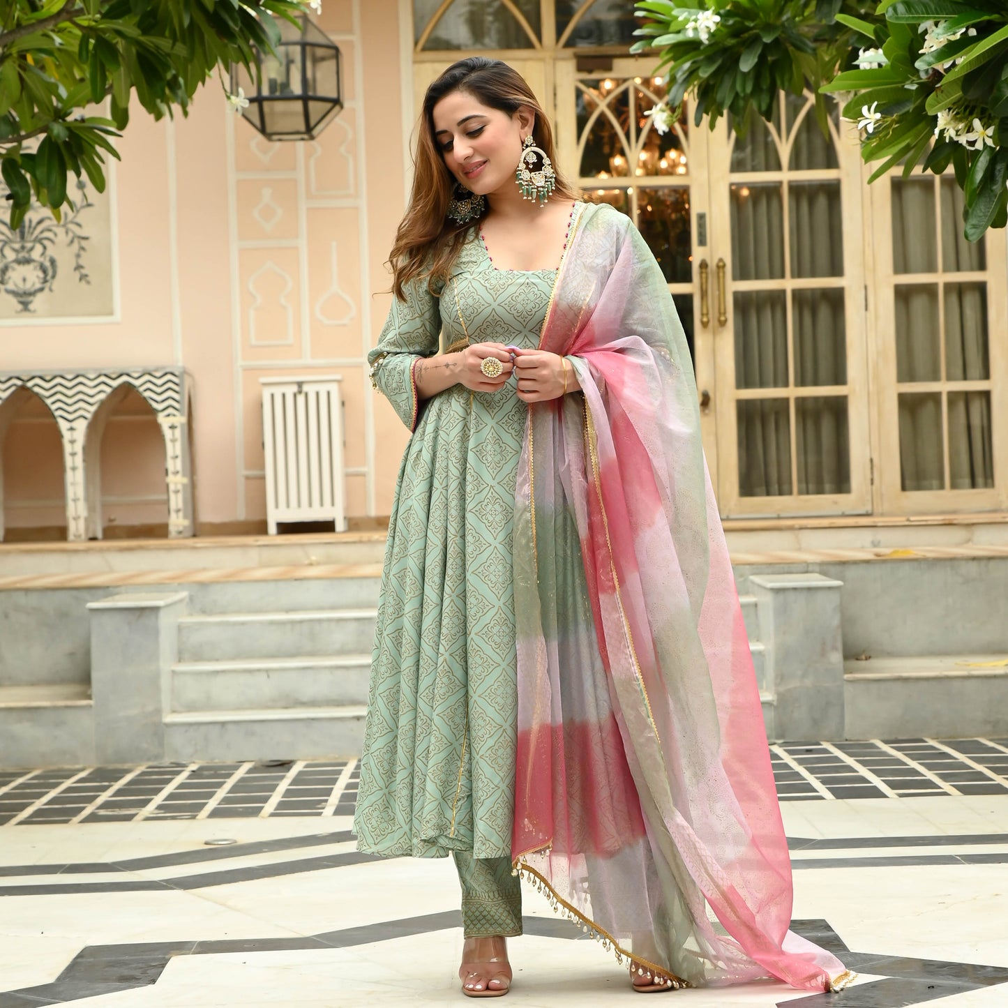 Sakhi Fashions Pista Gold Handblock Suit Set