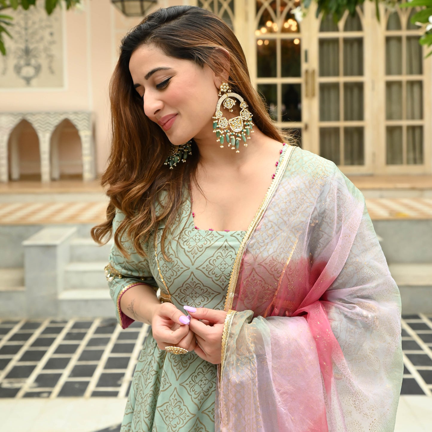 Sakhi Fashions Pista Gold Handblock Suit Set