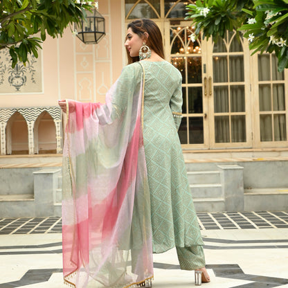 Sakhi Fashions Pista Gold Handblock Suit Set