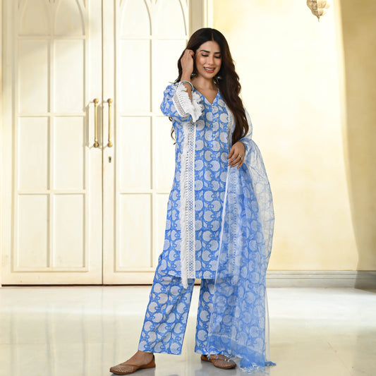 Powder Blue Handblock Printed Suit Set