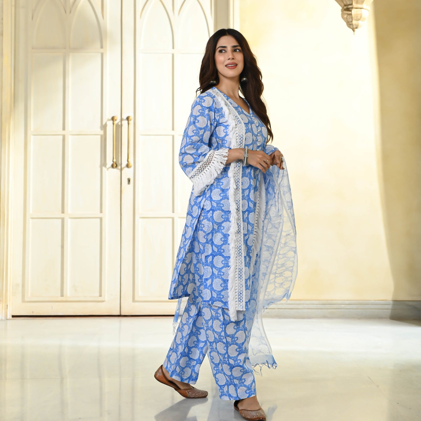 Powder Blue Handblock Printed Suit Set