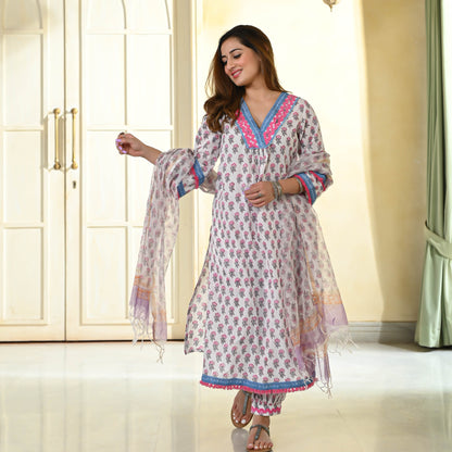 White Handblock Printed Suit Set