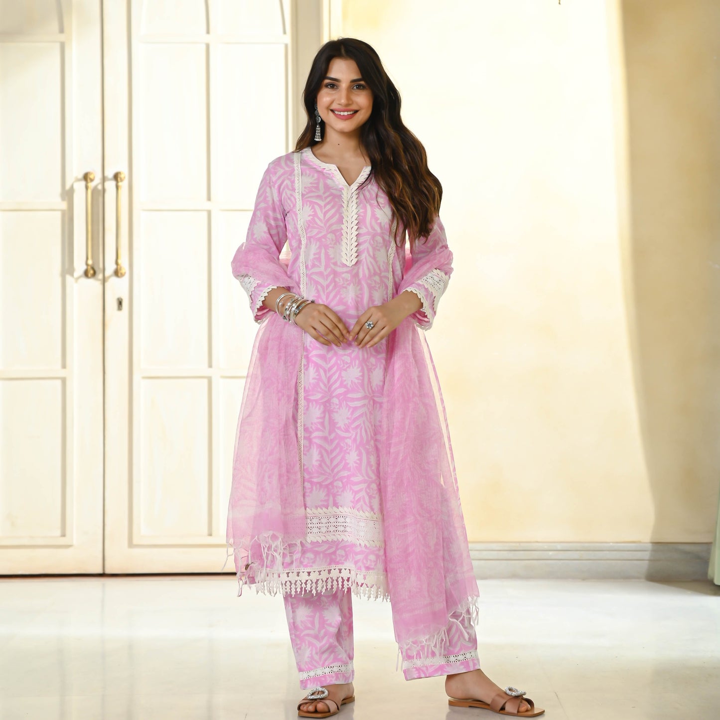 Sakhi Fashions Baby Pink Handblock Printed Suit Set