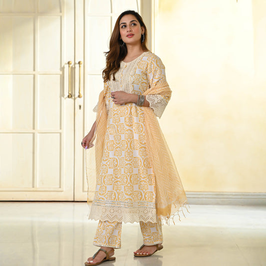 Dusty Yellow Handblock Printed Suit Set