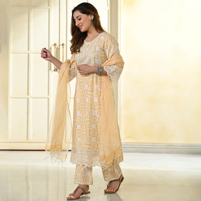 Dusty Yellow Handblock Printed Suit Set