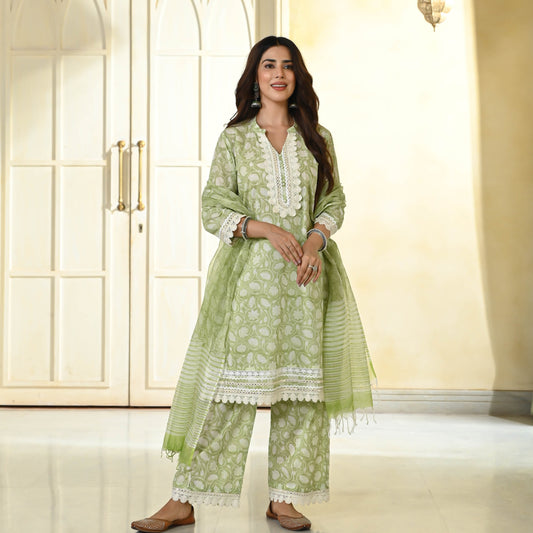 Sakhi Fashions Rust Green Handblock Printed Suit Set