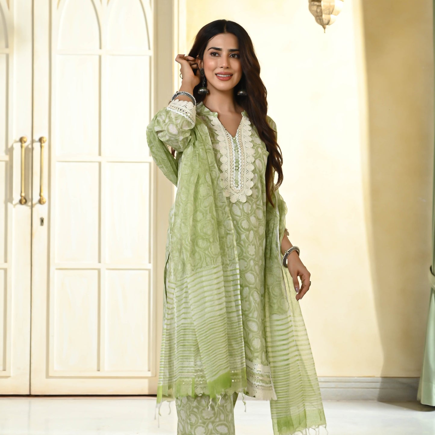 Sakhi Fashions Rust Green Handblock Printed Suit Set