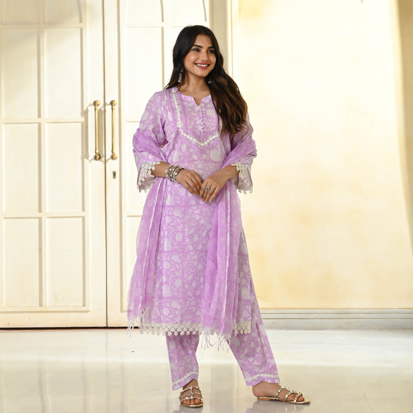 Sakhi Fashions Lavender Handblock Printed Suit Set