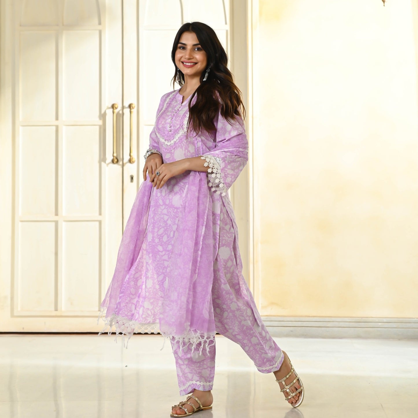 Sakhi Fashions Lavender Handblock Printed Suit Set