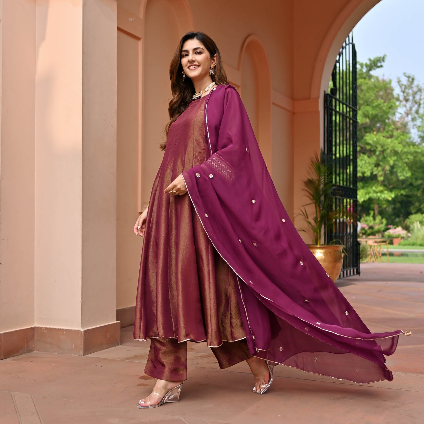 Maroon Tissue Silk Suit Set