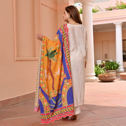 White Cotton Schiffli Suit Set