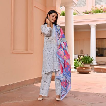 Powder Blue Cotton Schiffli Suit Set