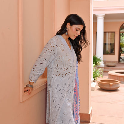 Powder Blue Cotton Schiffli Suit Set