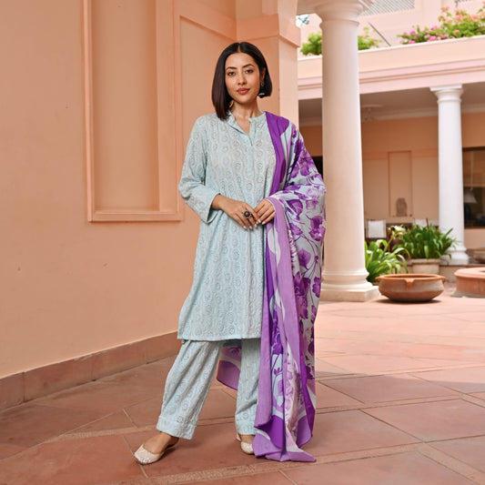 Blush Lilac Cotton Schiffli Suit Set