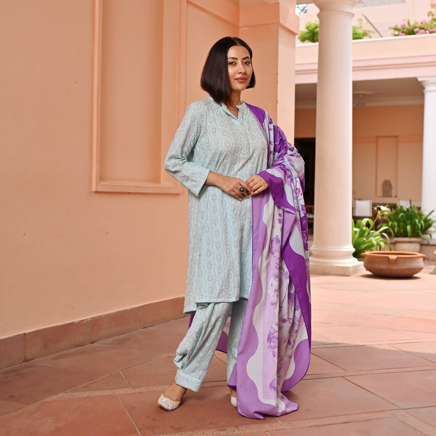 Blush Lilac Cotton Schiffli Suit Set