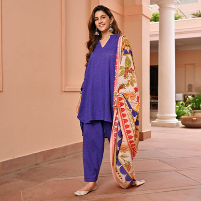 Purple Cotton Schiffli Suit Set