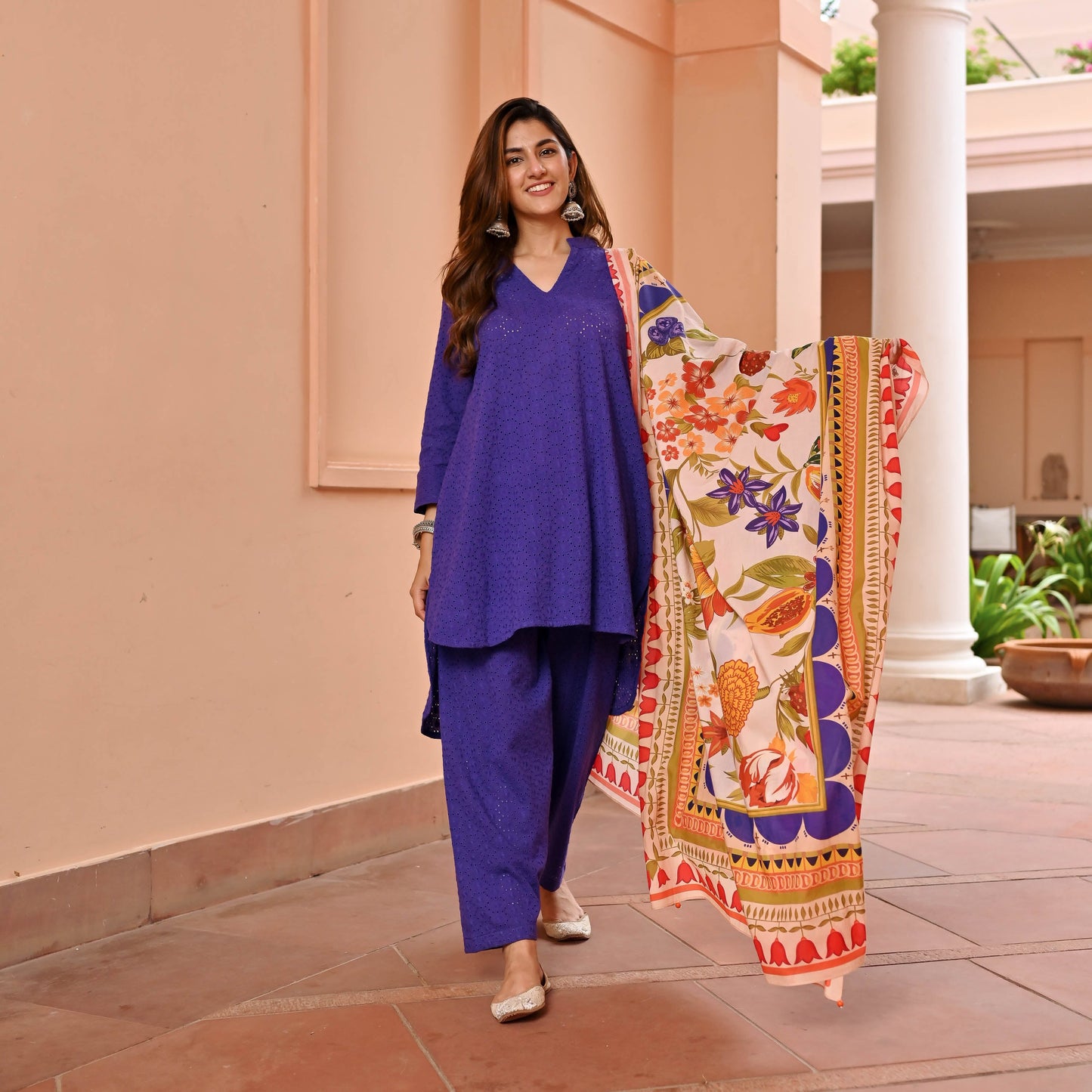 Purple Cotton Schiffli Suit Set
