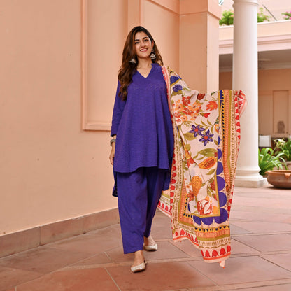 Purple Cotton Schiffli Suit Set