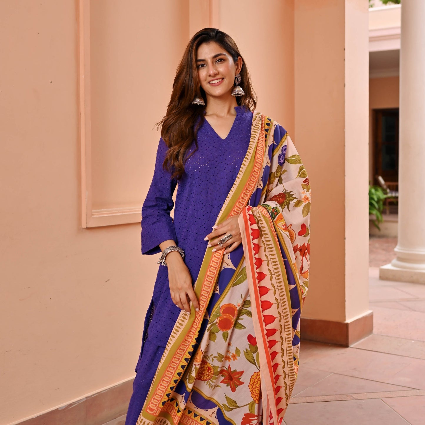 Purple Cotton Schiffli Suit Set