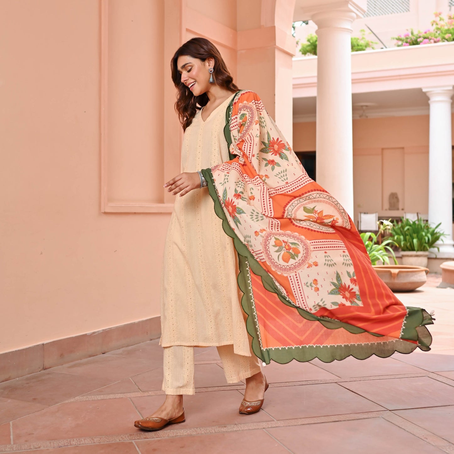Cream Cotton Schiffli Suit Set