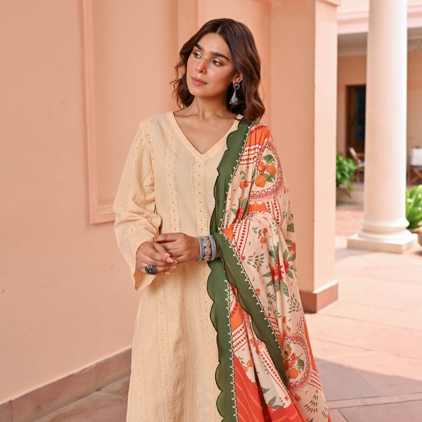 Cream Cotton Schiffli Suit Set