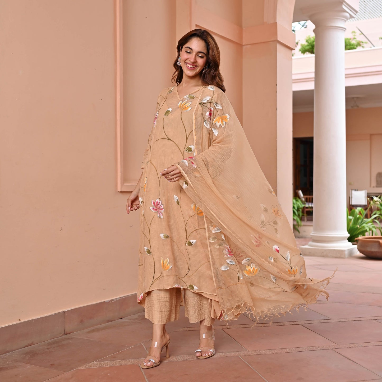 Beige Handpainted Doriya Suit Set