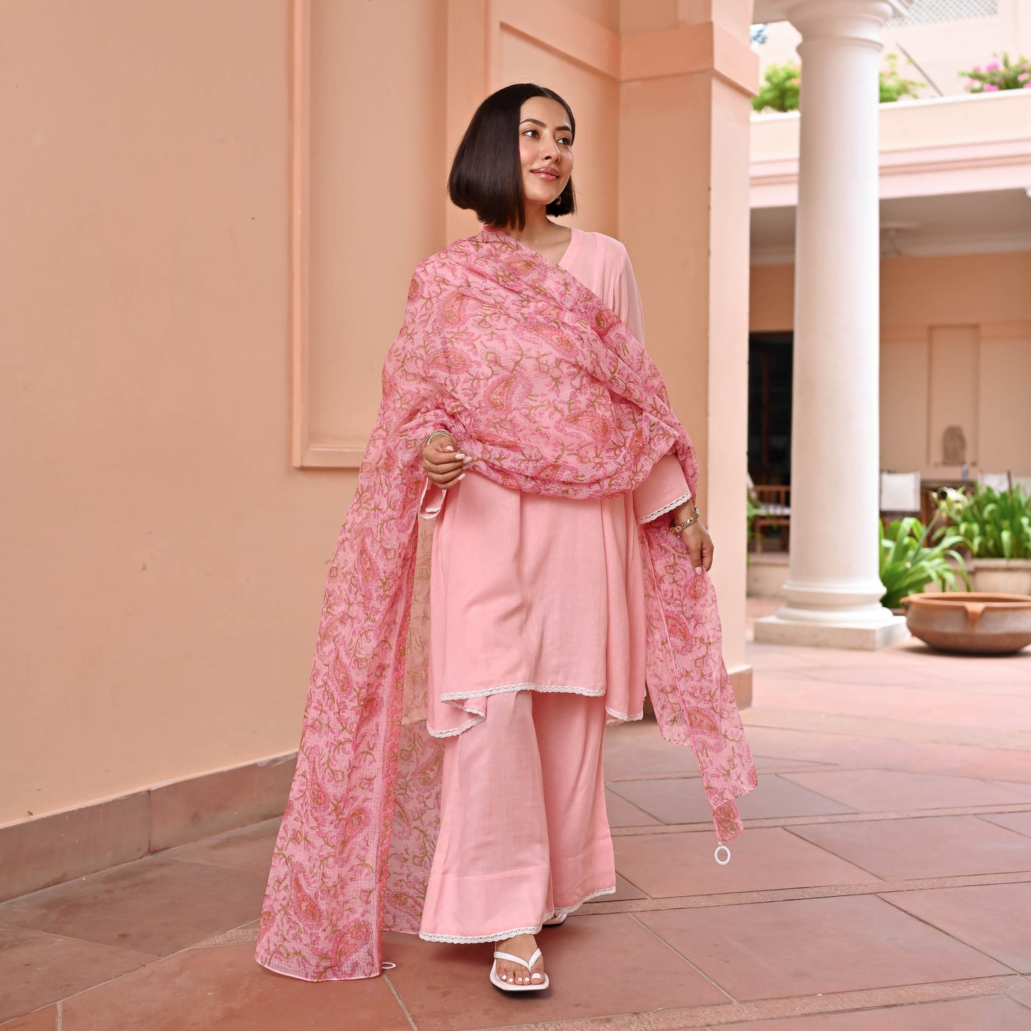 Pink Suit With Printed Dupatta
