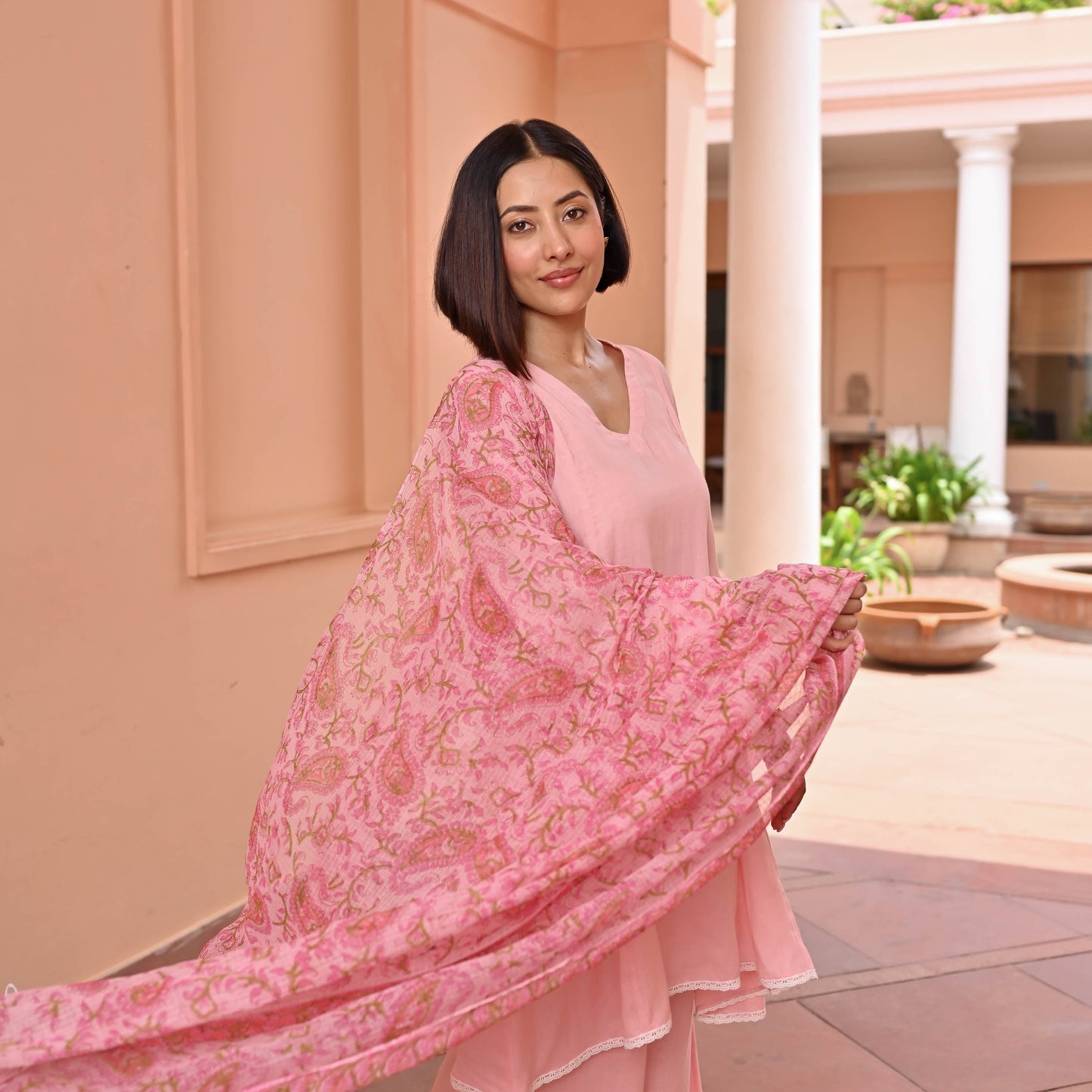 Pink Suit With Printed Dupatta