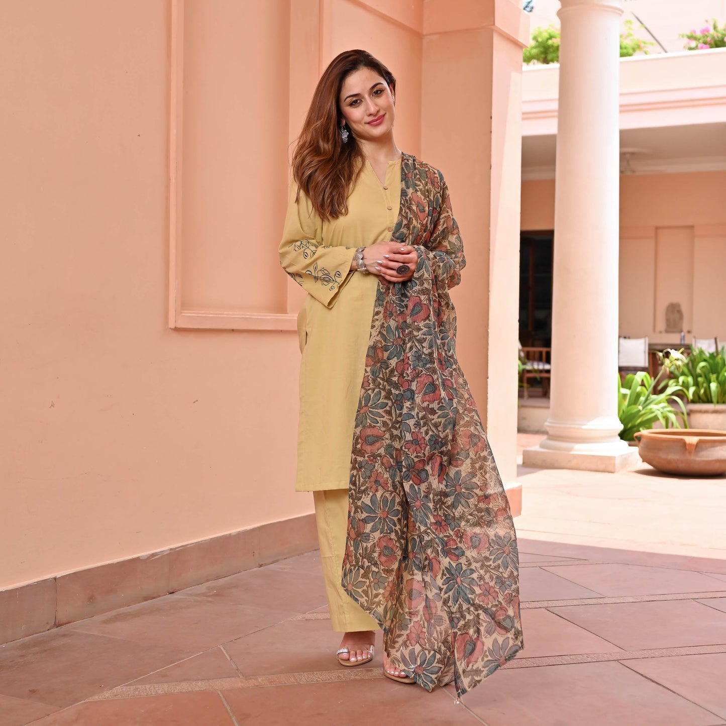 Cream Suit With Printed Dupatta