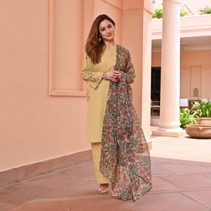 Cream Suit With Printed Dupatta