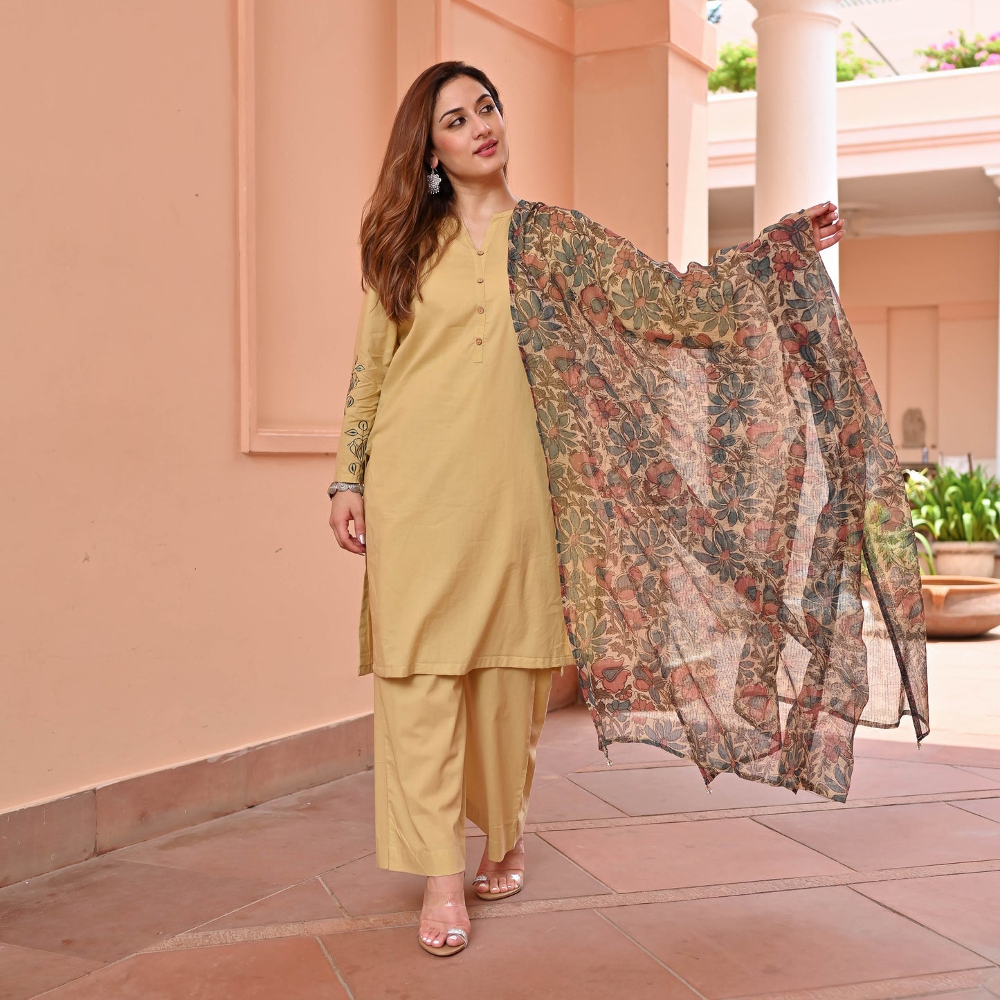 Cream Suit With Printed Dupatta