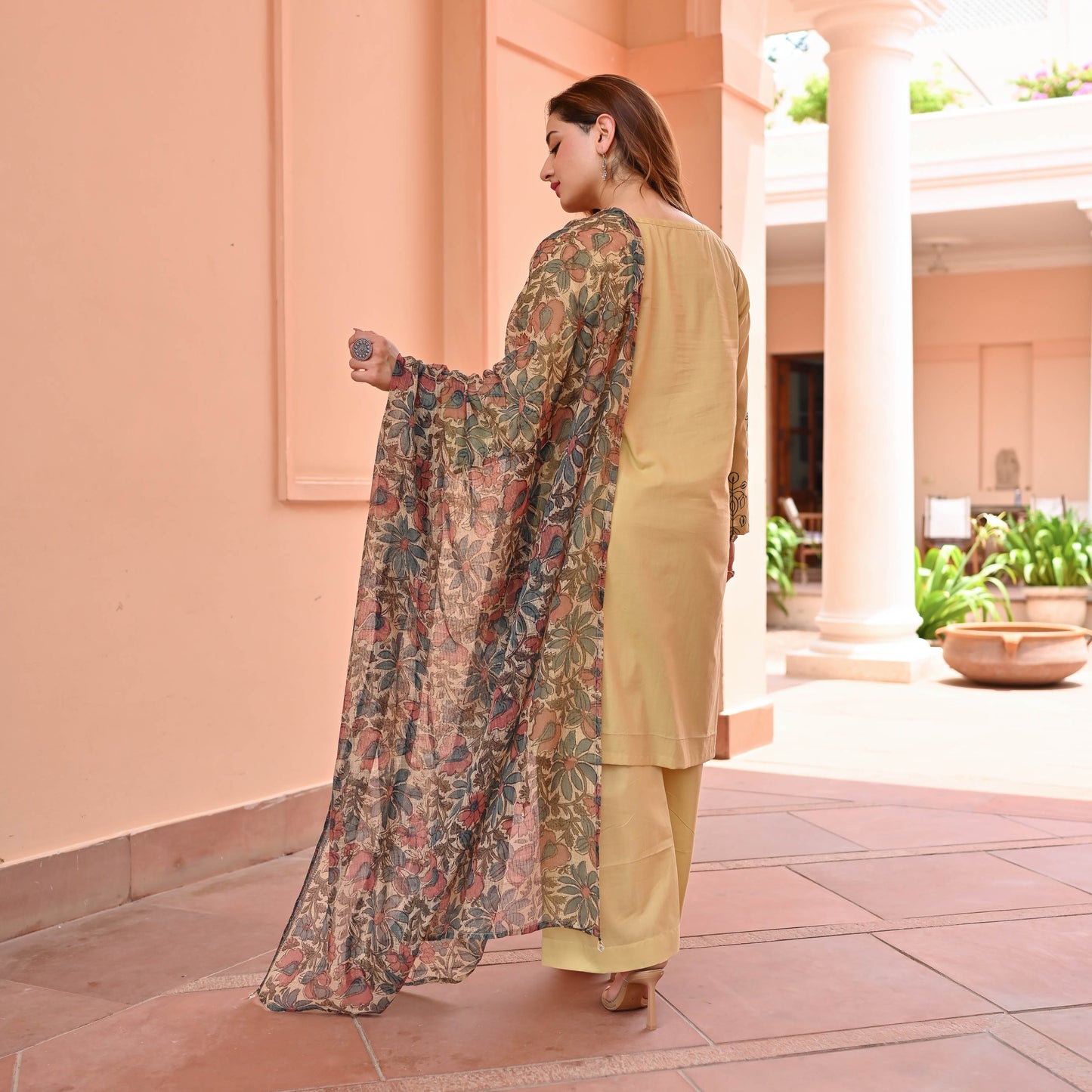 Cream Suit With Printed Dupatta