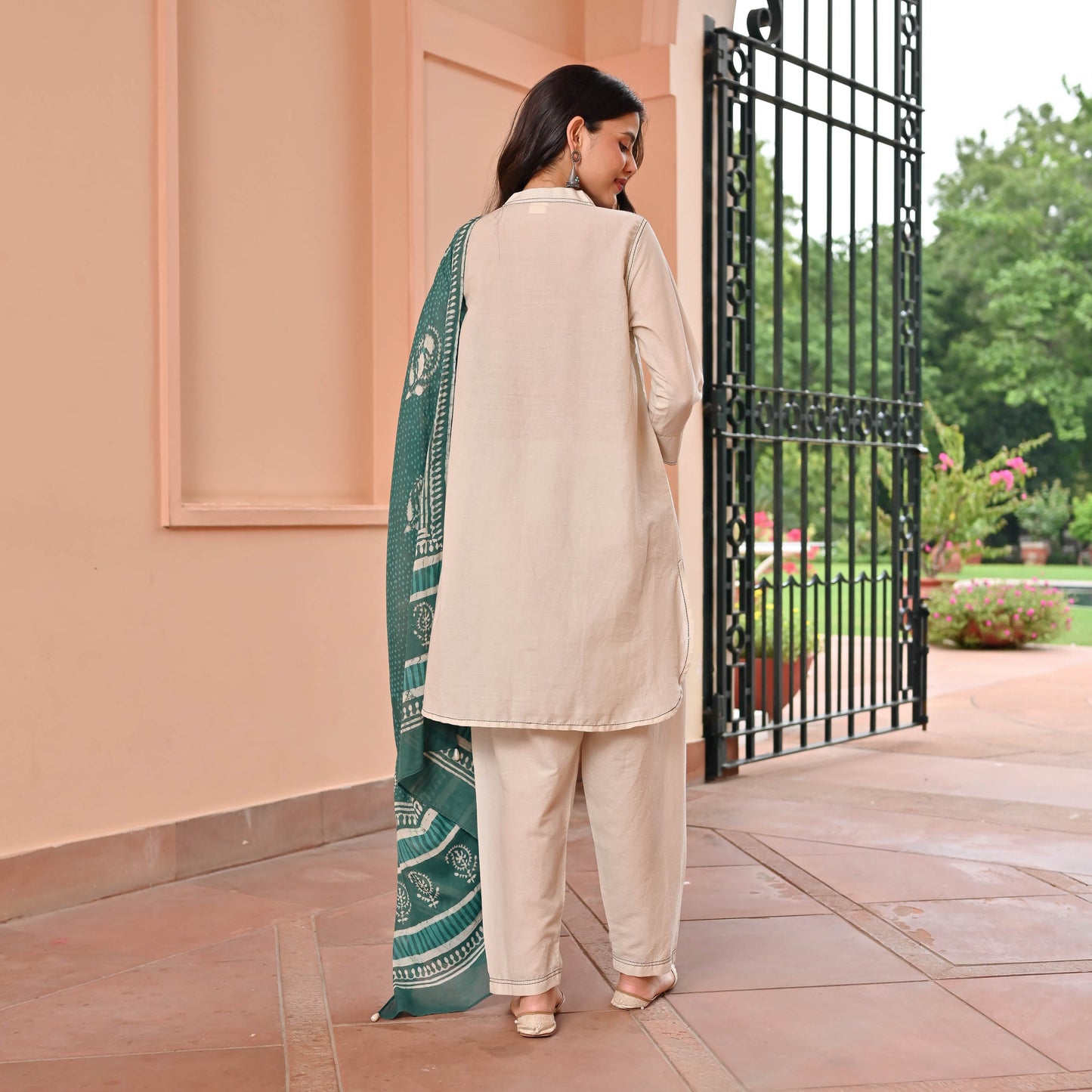 Beige Suit With Printed Dupatta