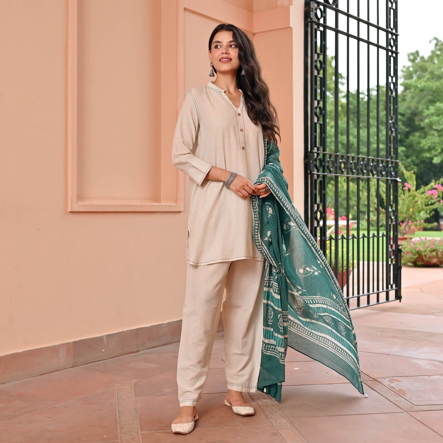 Beige Suit With Printed Dupatta