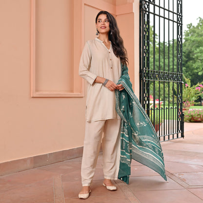 Beige Suit With Printed Dupatta
