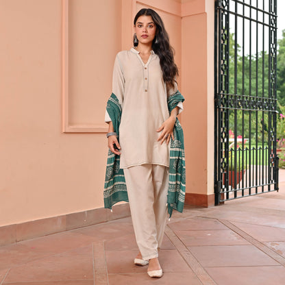 Beige Suit With Printed Dupatta