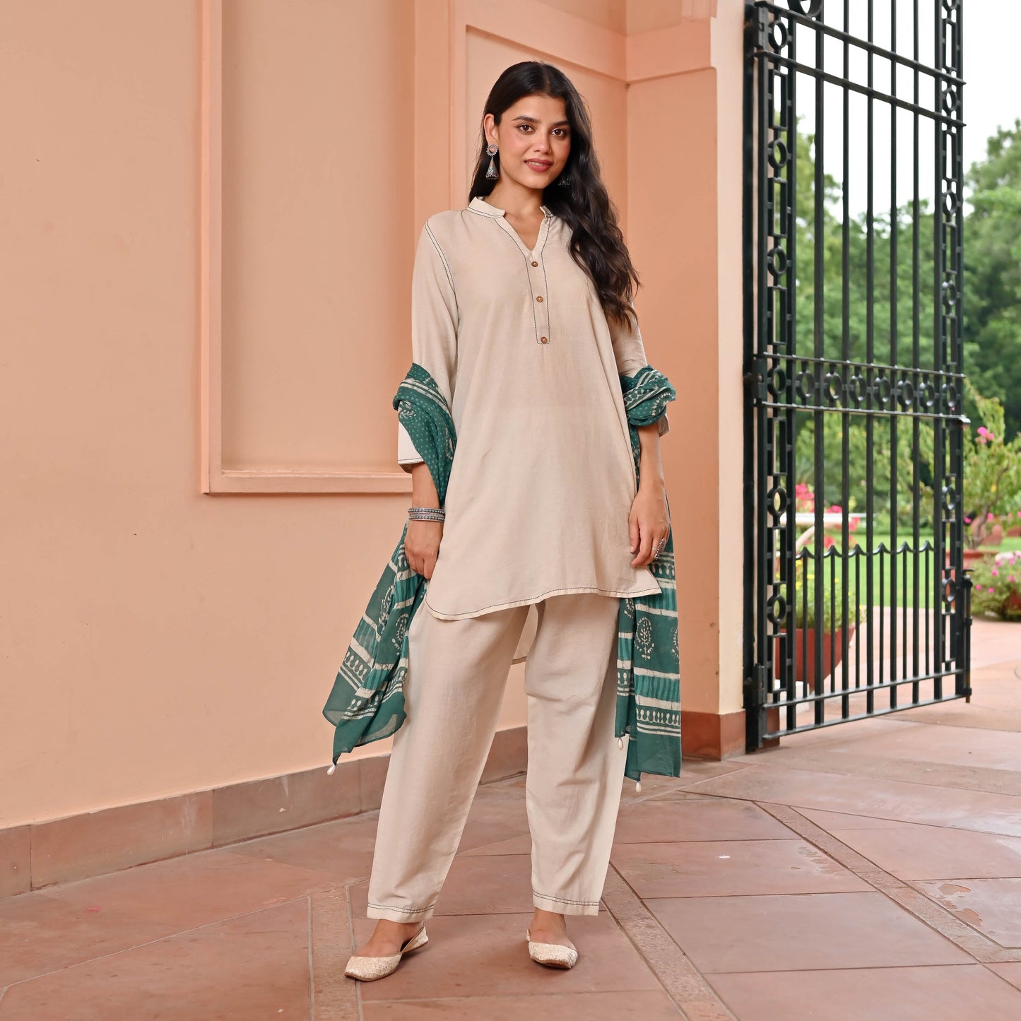 Beige Suit With Printed Dupatta