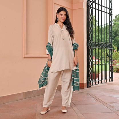 Beige Suit With Printed Dupatta