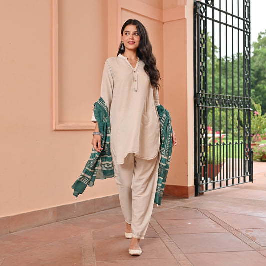 Beige Suit With Printed Dupatta
