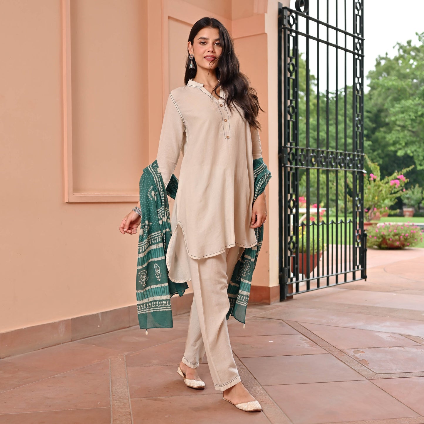 Beige Suit With Printed Dupatta