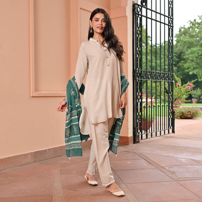 Beige Suit With Printed Dupatta