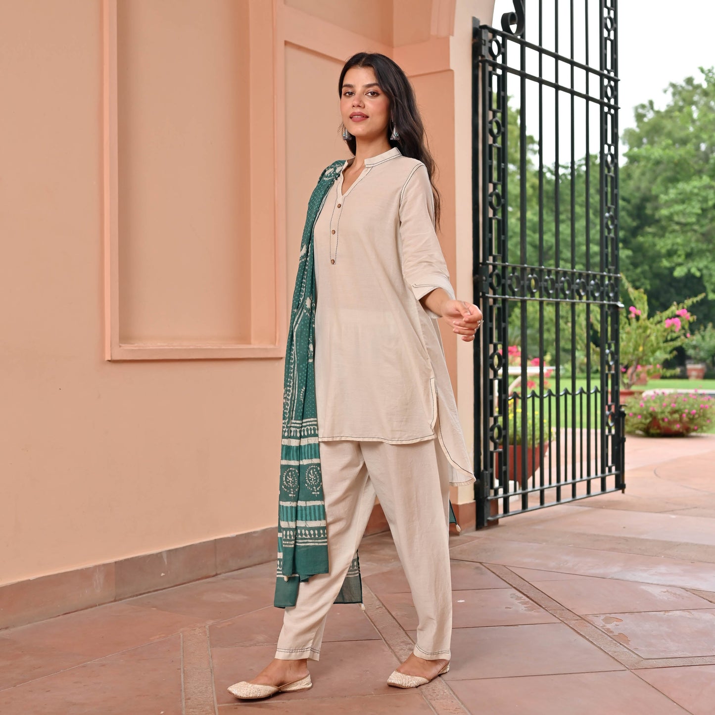 Beige Suit With Printed Dupatta